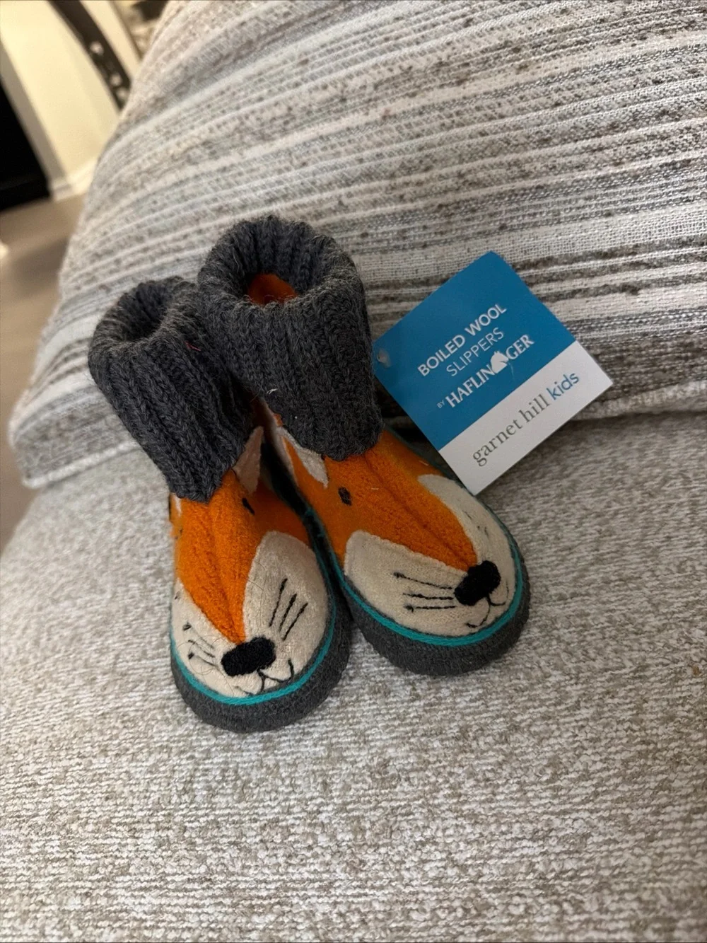 Garnet Hill Orange Fox Felted Wool Kids Slippers with Gray Knit Cuffs